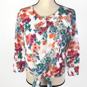 Zara Floral Tie Front Blouse Long Sleeve Button Down Multi Color Womens Sz Med